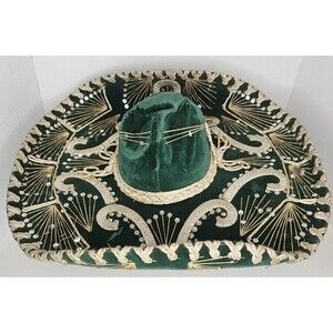 Vtg Authentic Pigalle Mexican Sombrero XXXXX Green Velvet Sequin